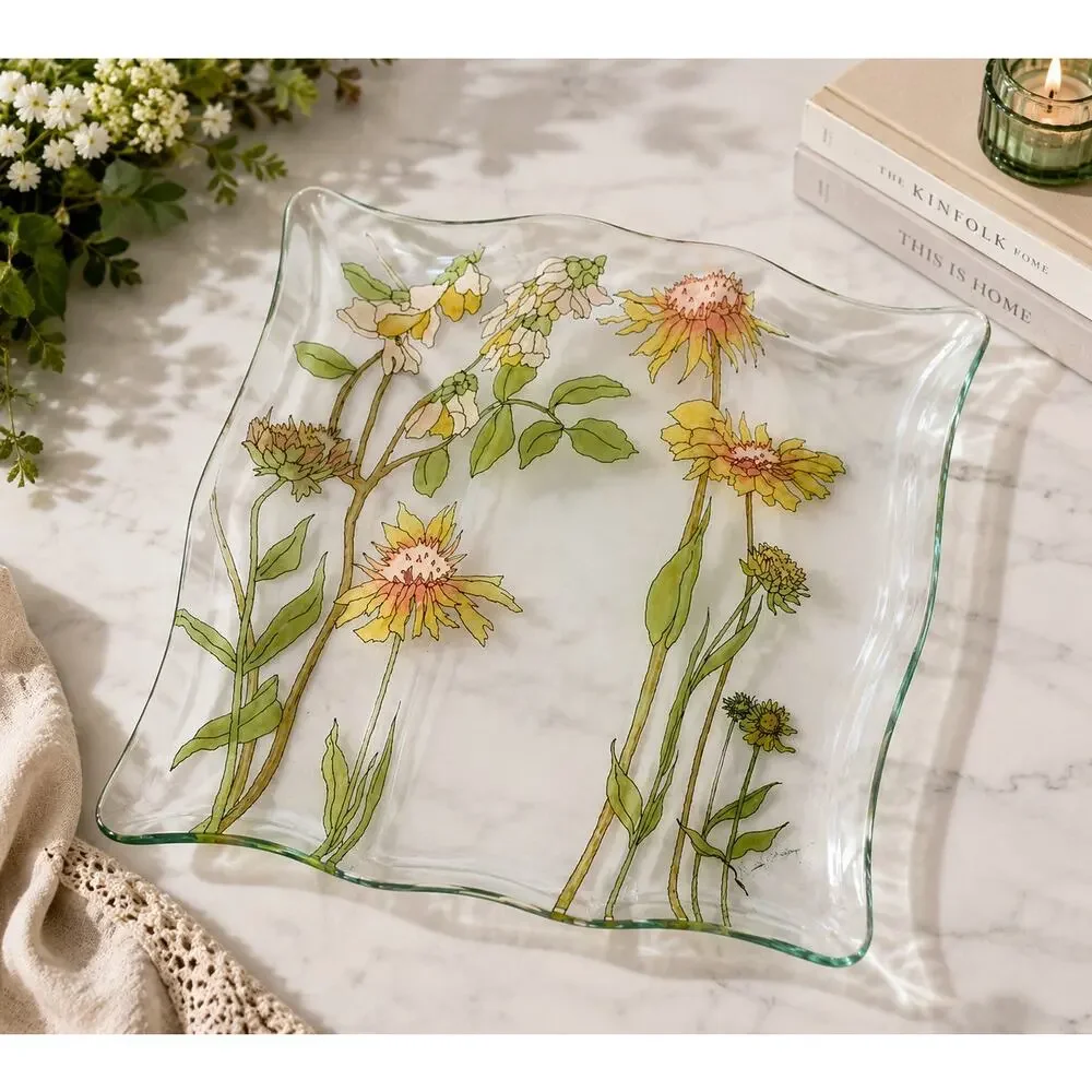 Mid Century Dorothy Thorpe Hand Painted 3 Section Glass Tray Floral - Signed